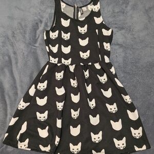 Charming Black and White Cat Print Kids Dress